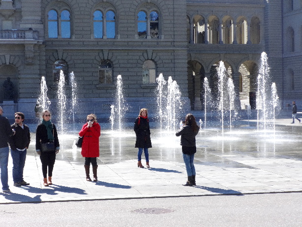 The waterspount fountain ahead of the Swiss parliament building