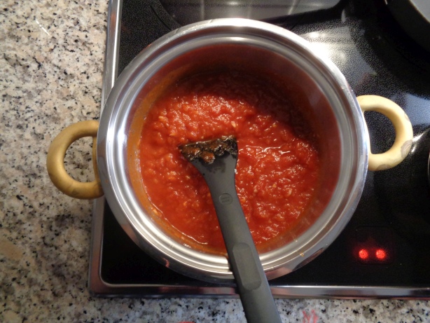 Add the tomato sauce and some salt