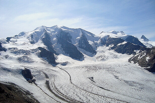 Piz Palü (3901m), Bellavista (3922m),  Crast' Agüzza (3854m), Pers glacier