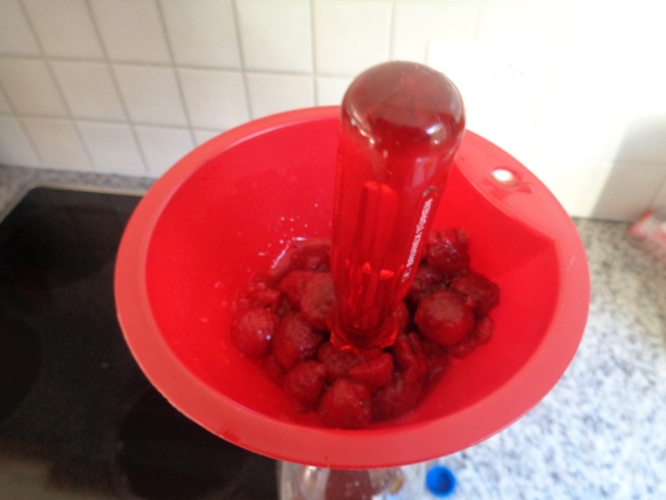 Die Himbeeren (z. B. mit einem Schraubenzieher) in die Flasche drücken