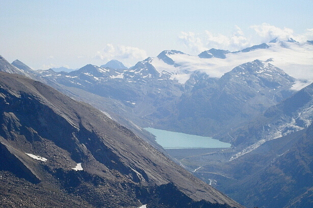 Mattmark Stausee (2197m), Fluchthorn (3795m), Roffelhörner (3478m)