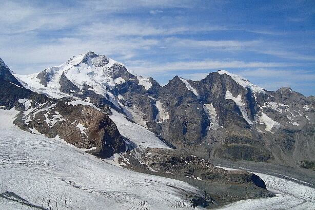 Piz Bernina (4049m), Piz Morteratsch (3751m), Pers glacier, Morteratsch glacier