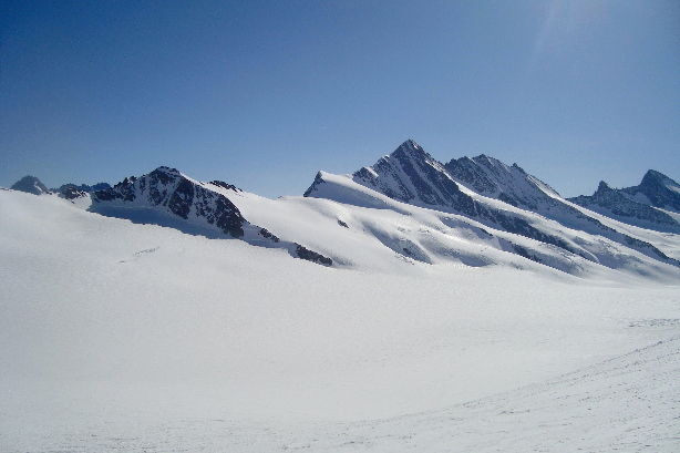 Walcherhorn (3692m), Grosses Fiescherhorn (4049m), Hinteres Fiescherhorn (4029m)
